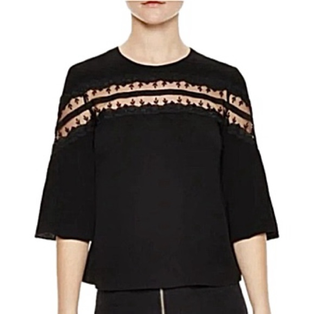 Sandro Black Adina Lace Mesh Inset Top Size Small 3/4 Bell Sleeve Fairy Goth
